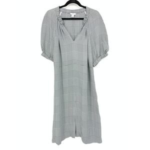 Lewit Women's Size 14 Plaid A-Line Midi Dress Puff Sleeve Black White V-Neck